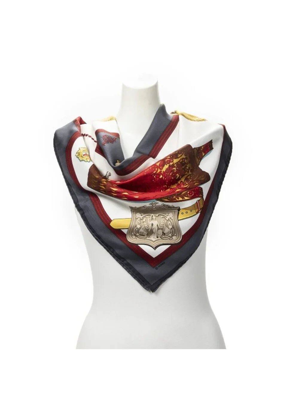 Hermes Scarf Red Gray 100% Gold Twill Silk